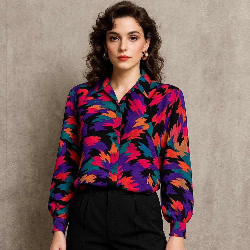Vintage 80s All Hours Paris Milan Abstract Brushstroke‎ Blouse Bold Print Top XS